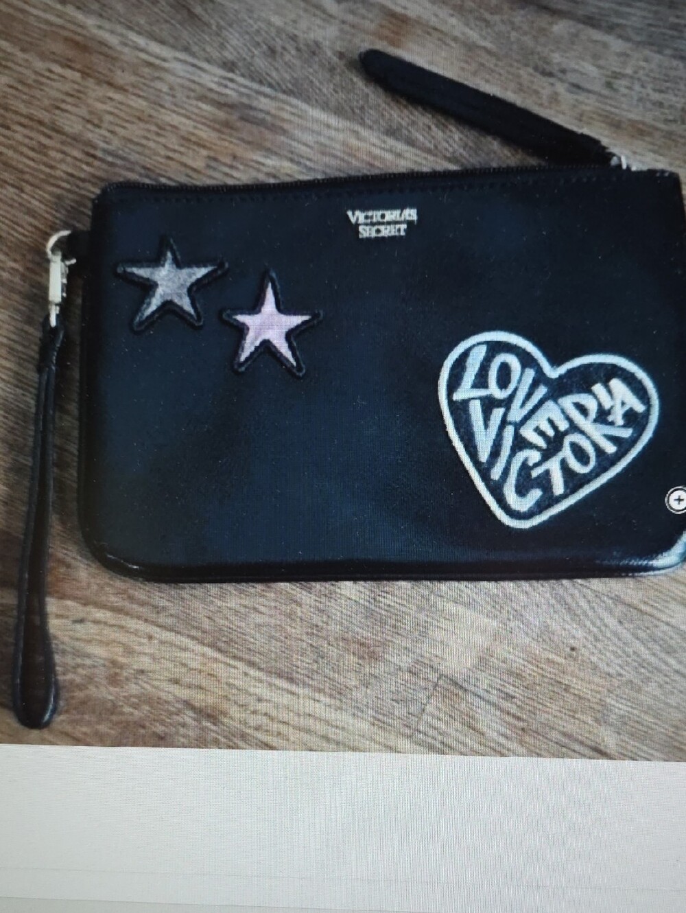 New Love Victoria's Secret Embossed Black Wristlet Star & Heart Patches Rare Bag
